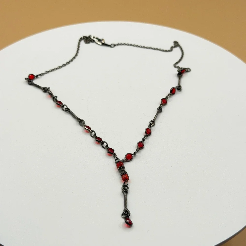 KOREN Red Crystal Y Drop Necklace Gunmetal Tone Gothic Victorian Statement Gift